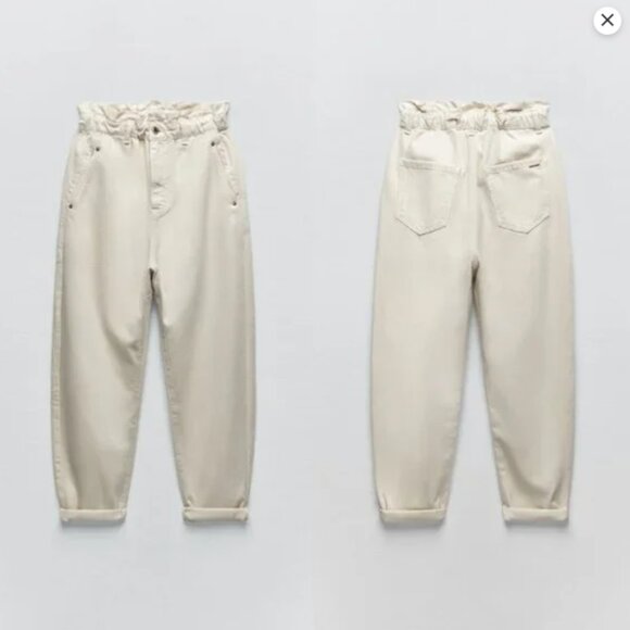 ZARA Women’s Size 0 Cream High-Rise Baggy Paperbag Tapered Cropped Denim Jeans - Picture 1 of 4